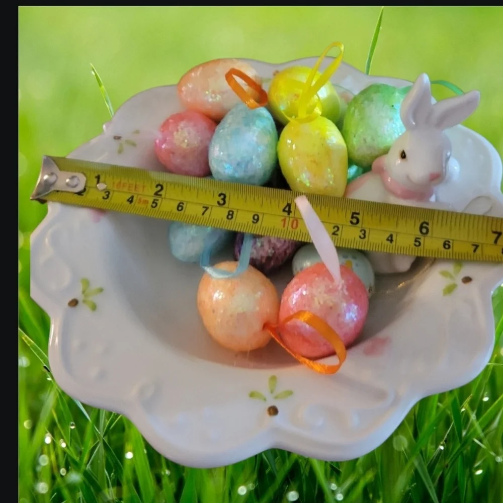 Porcelain Bunny Trinket Dish Colored Accents With Glitter Eggs 7" Width - Picture 11 of 11